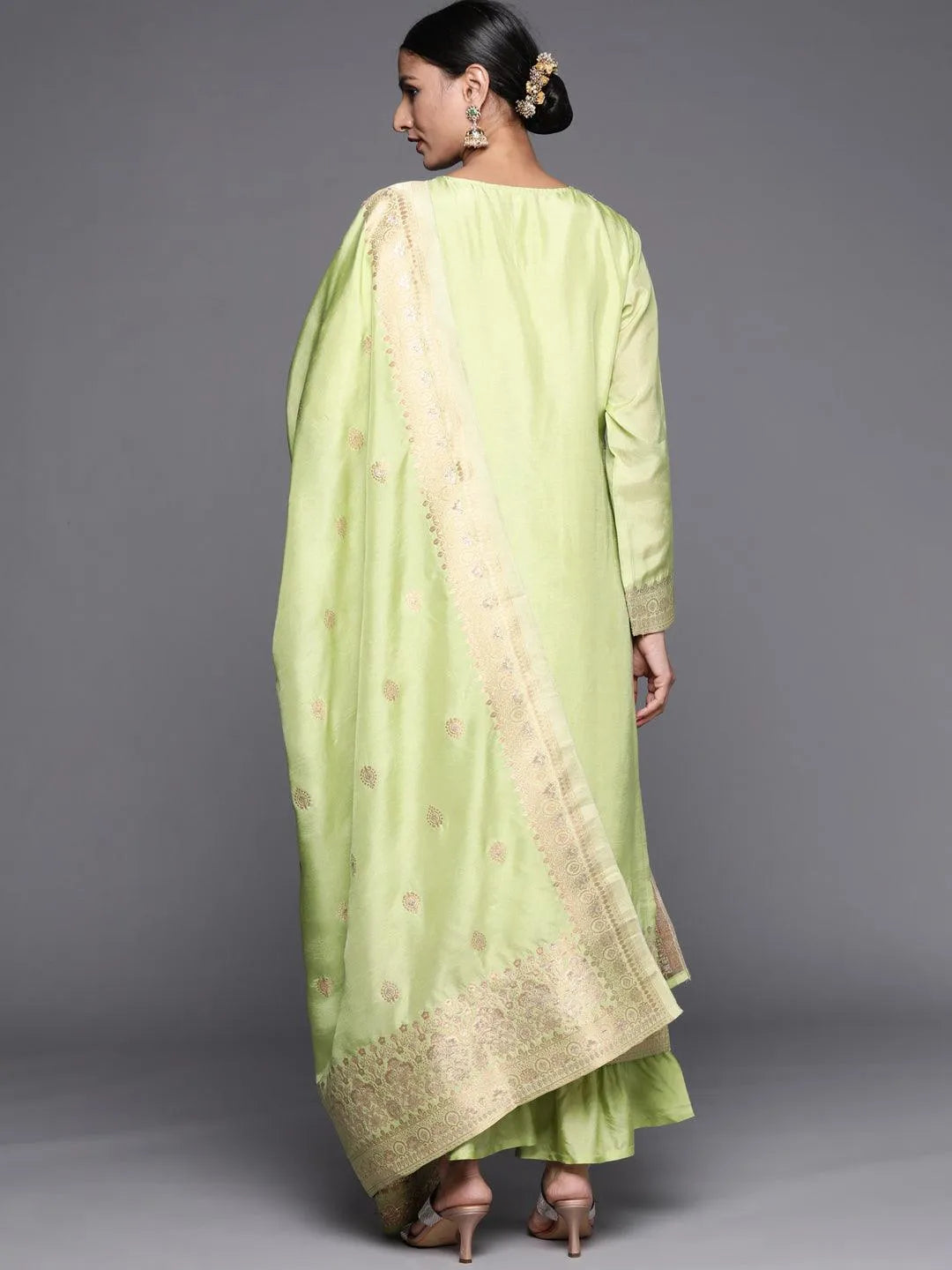 Green Self Design Chanderi Silk Straight Suit Set - Libas 