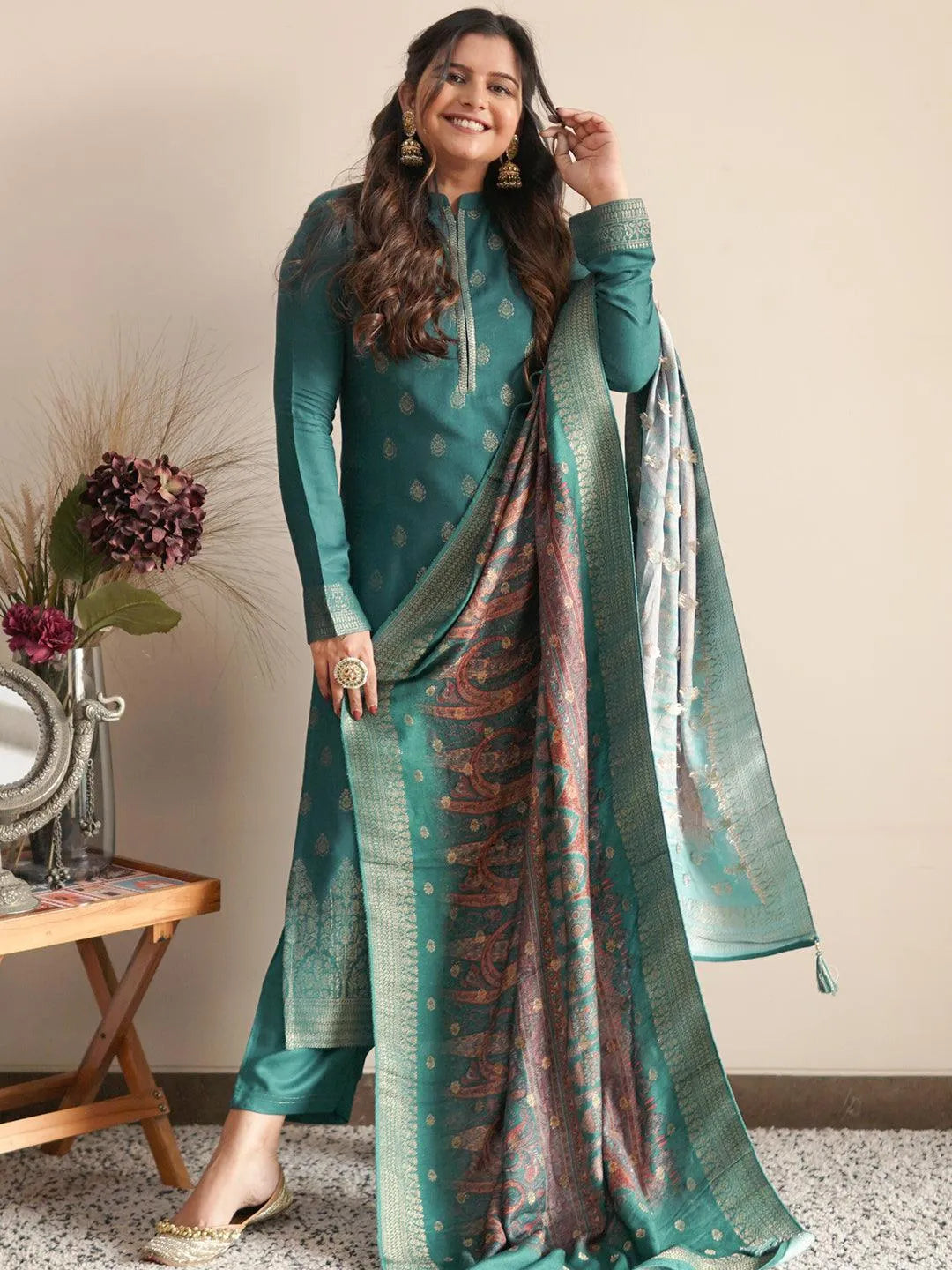 Green Self Design Pashmina Wool Straight Suit Set - Libas