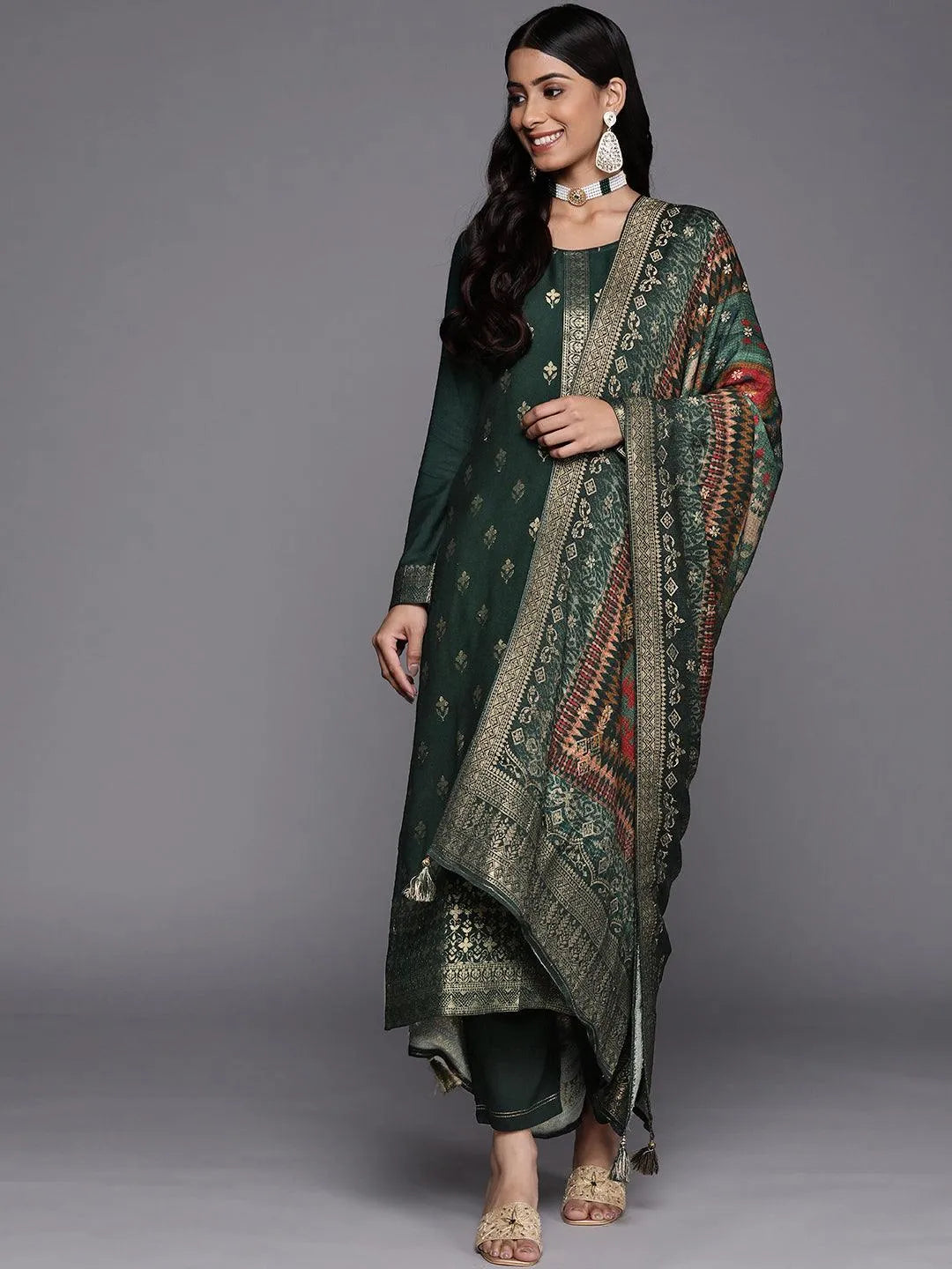 Green Self Design Pashmina Wool Straight Suit Set - Libas