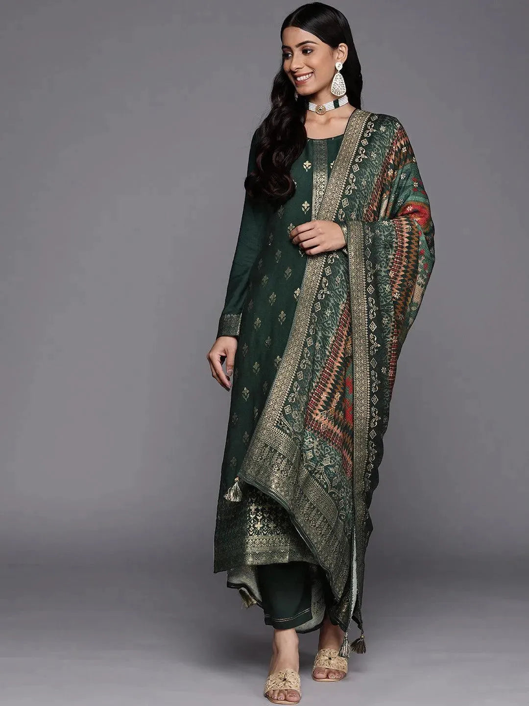 

Green Self Design Pashmina Wool Straight Kurta With Dupatta