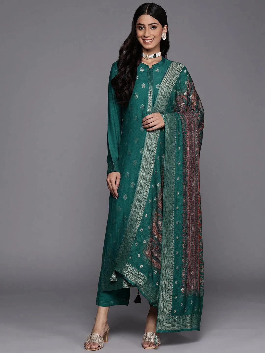 Green Self Design Pashmina Wool Straight Suit Set - Libas