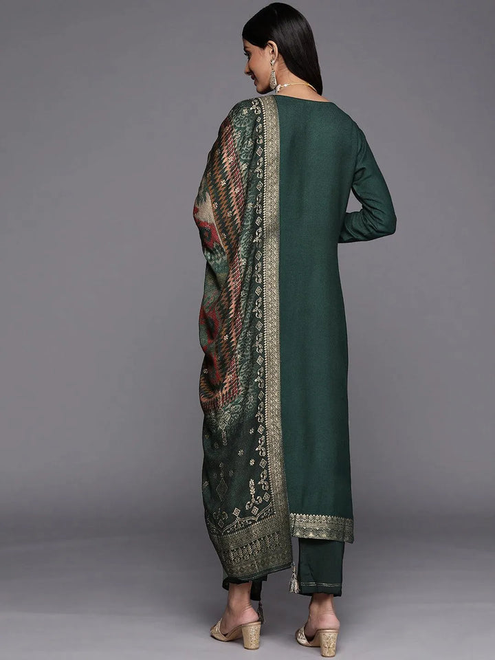 Green Self Design Pashmina Wool Straight Suit Set - Libas