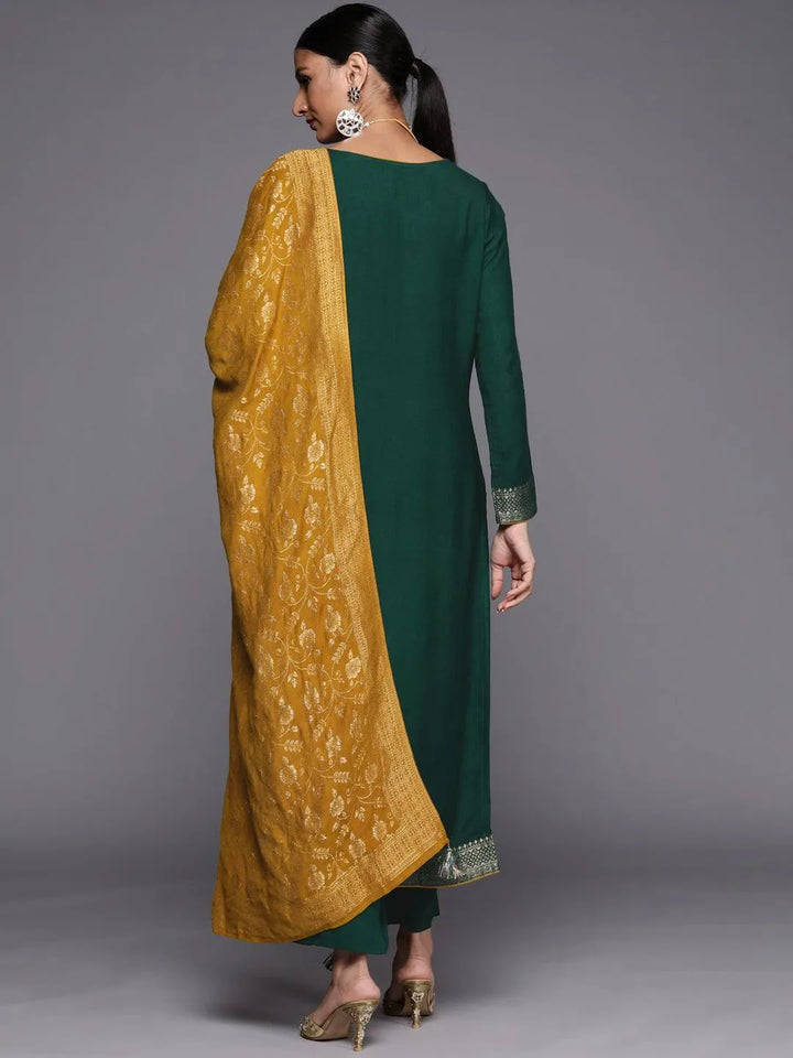 Green Self Design Pashmina Wool Straight Suit Set - Libas