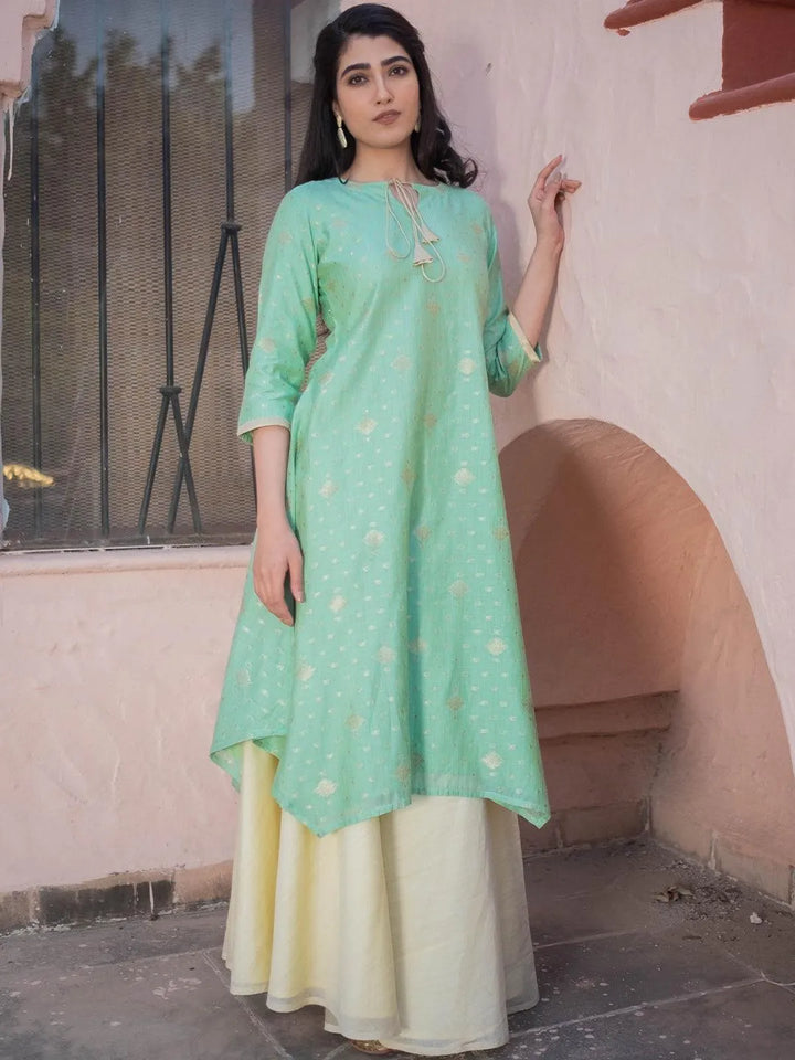 Green Self Design Silk Kurta Set - Libas