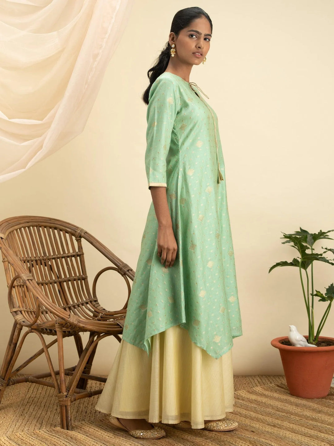 Green Self Design Silk Kurta Set - Libas