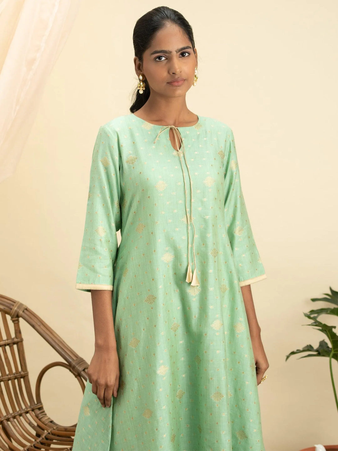 Green Self Design Silk Kurta Set - Libas