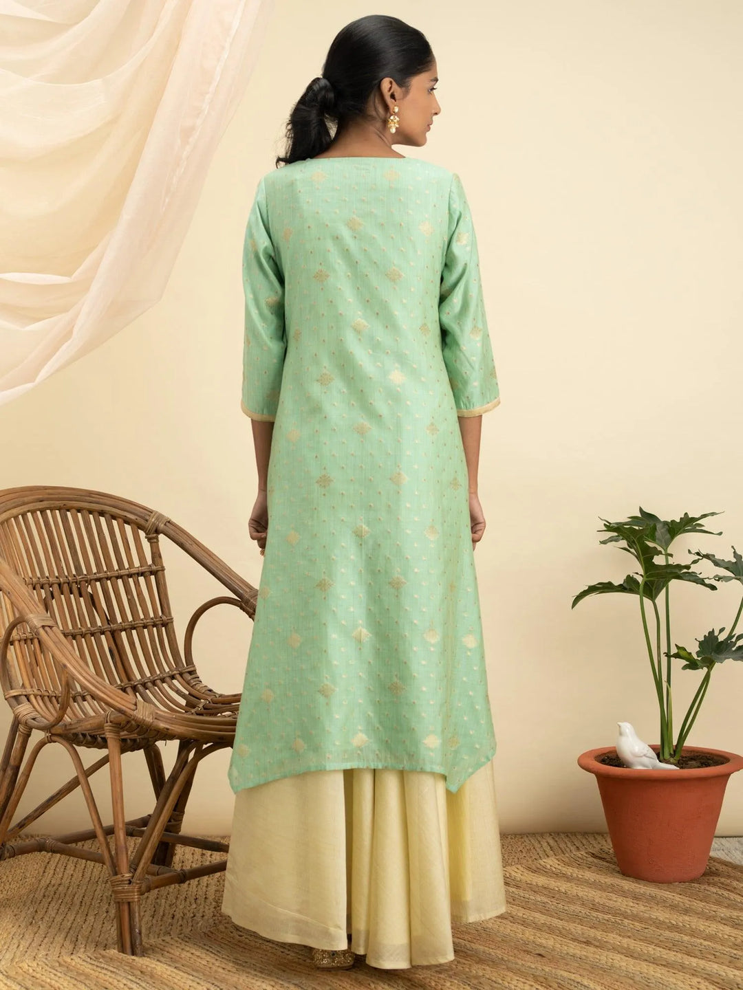 Green Self Design Silk Kurta Set - Libas