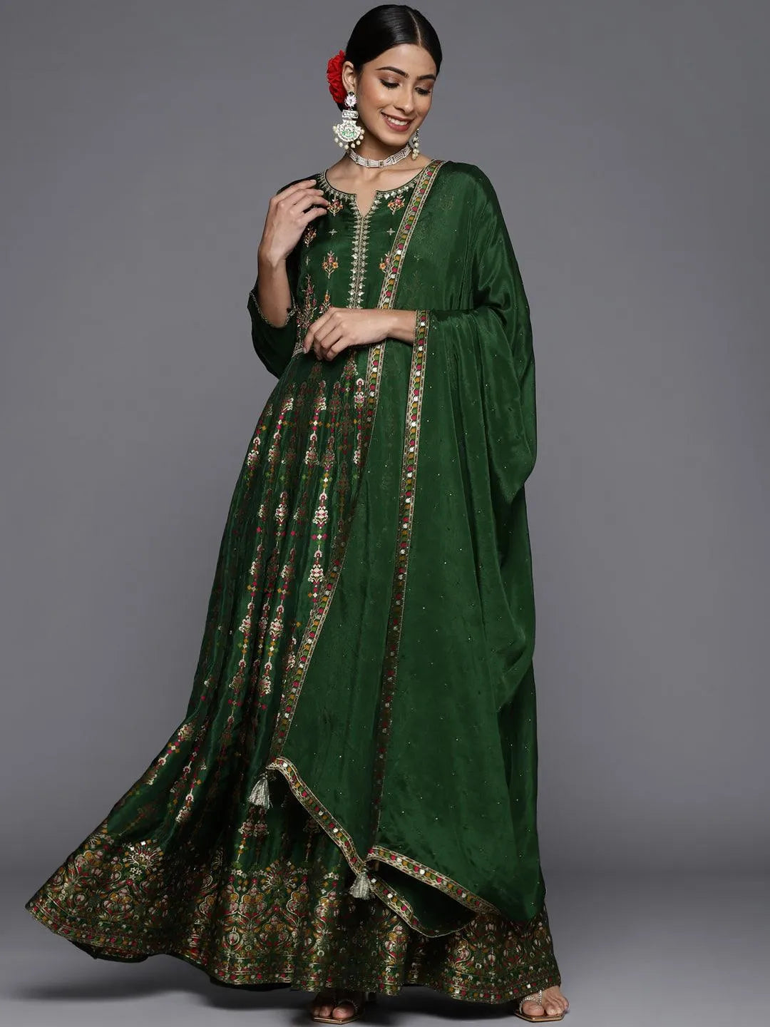 Green Self Design Silk Anarkali Suit Set - Libas 