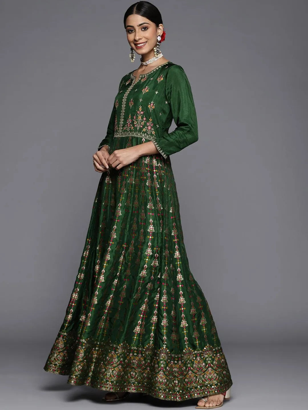 Green Self Design Silk Anarkali Suit Set - Libas 