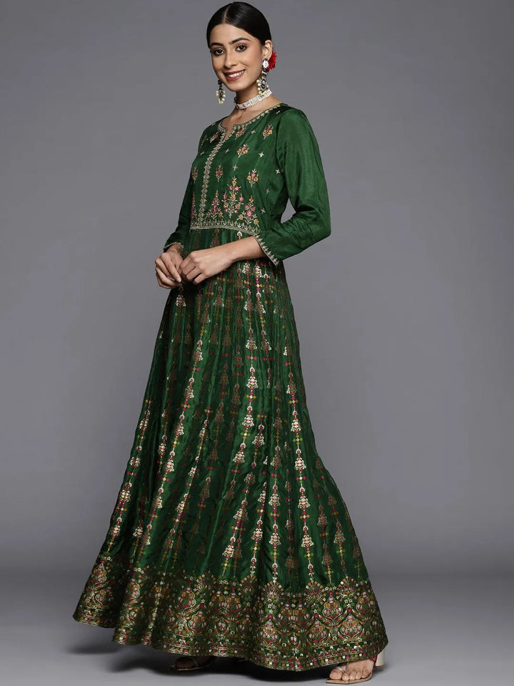 Green Self Design Silk Anarkali Suit Set - Libas