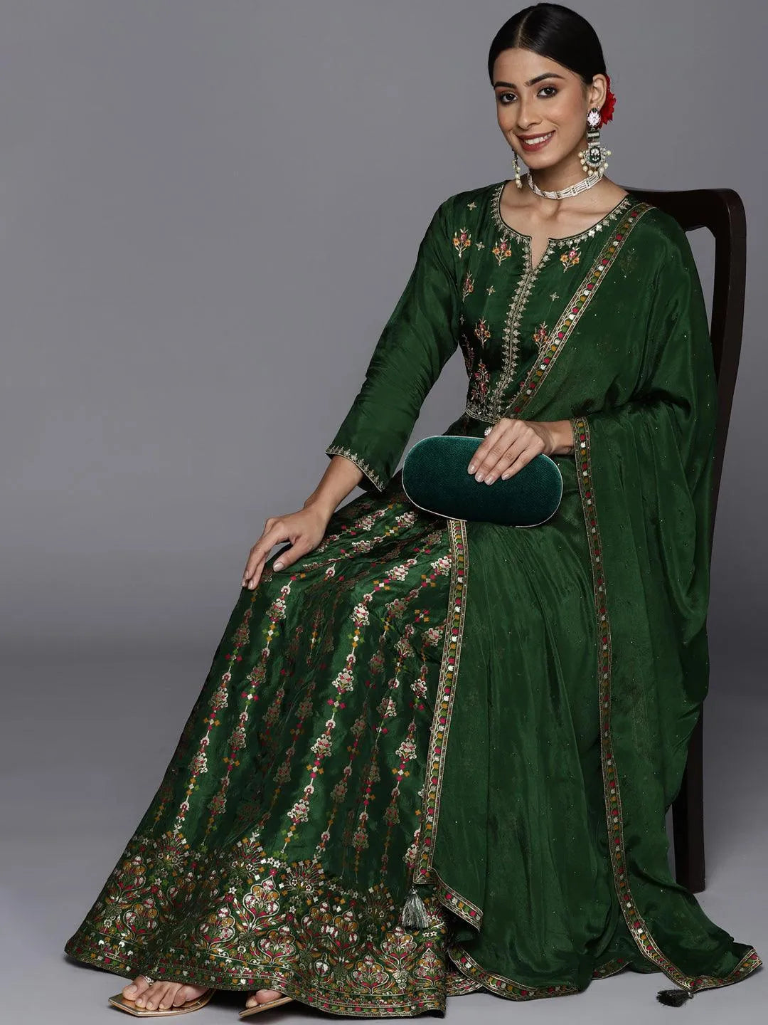 Green Self Design Silk Anarkali Suit Set - Libas 