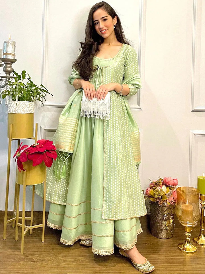 Green Self Design Silk Suit Set - Libas