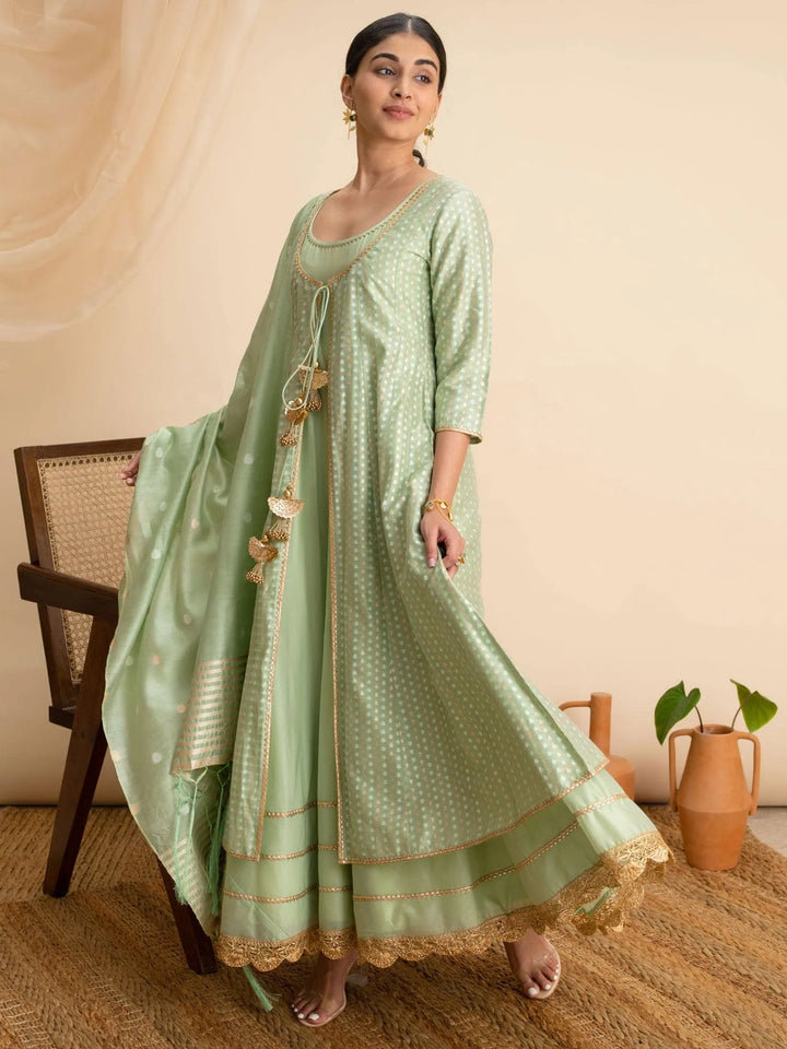 Green Self Design Silk Suit Set - Libas