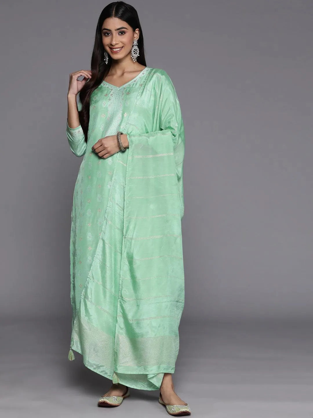 Green Self Design Silk Blend Suit Set With Trousers - Libas