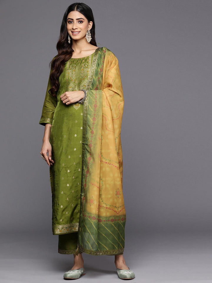 Green Self Design Silk Blend Straight Suit Set With Trousers - Libas