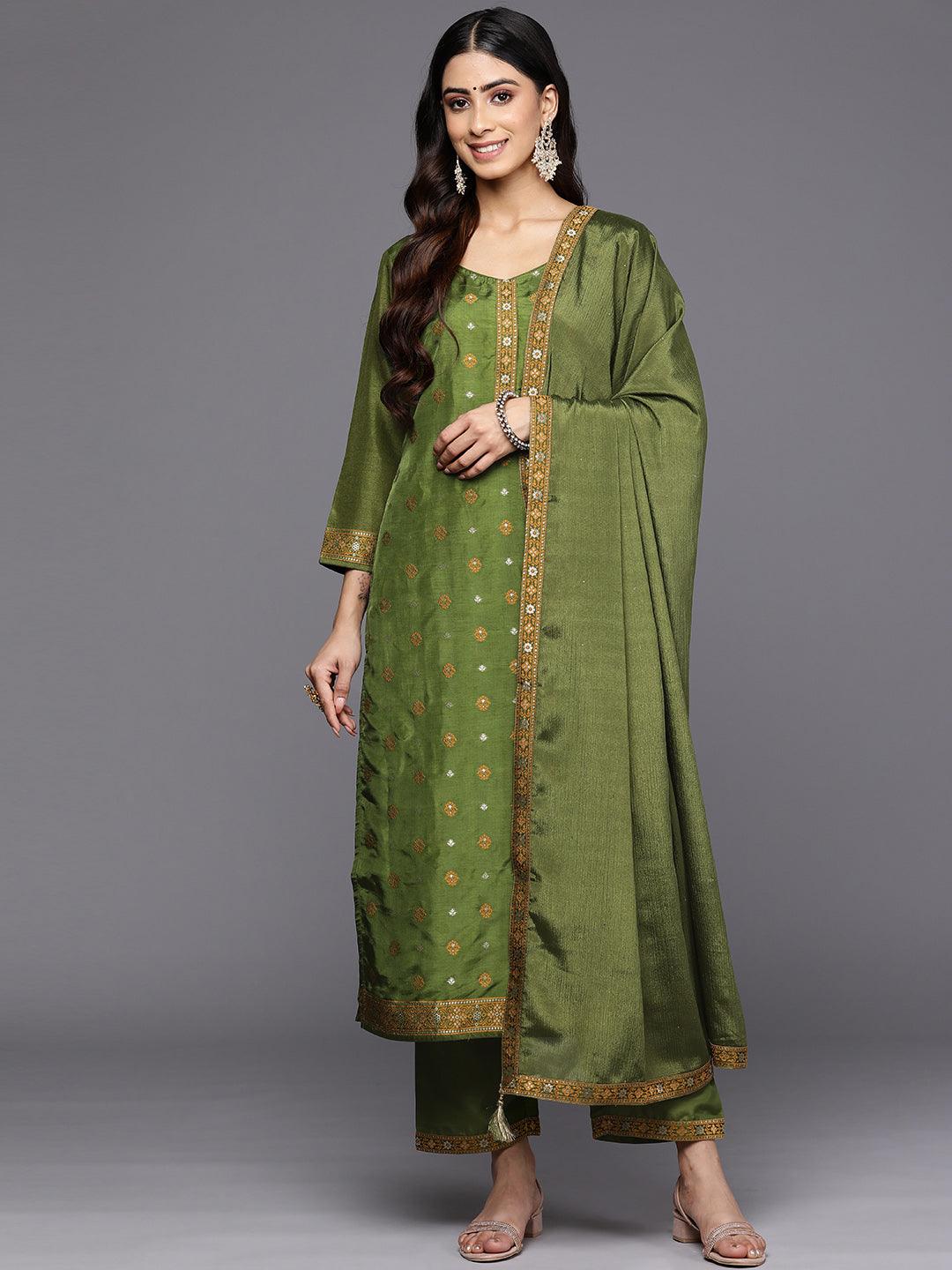 

Green Self Design Silk Blend Straight Kurta With Trousers & Dupatta