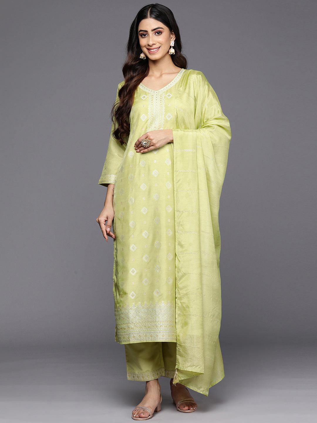 Green Self Design Silk Blend Straight Suit Set With Trousers - Libas