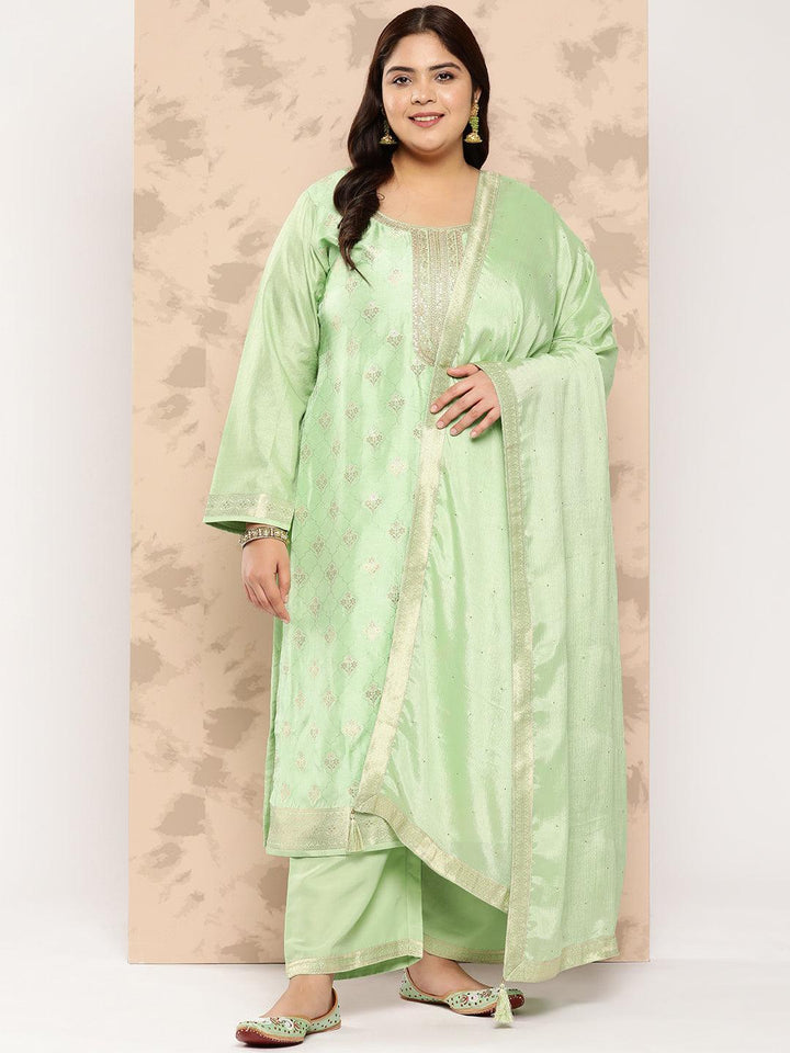 Green Self Design Silk Blend Straight Kurta With Trousers and Dupatta - Libas