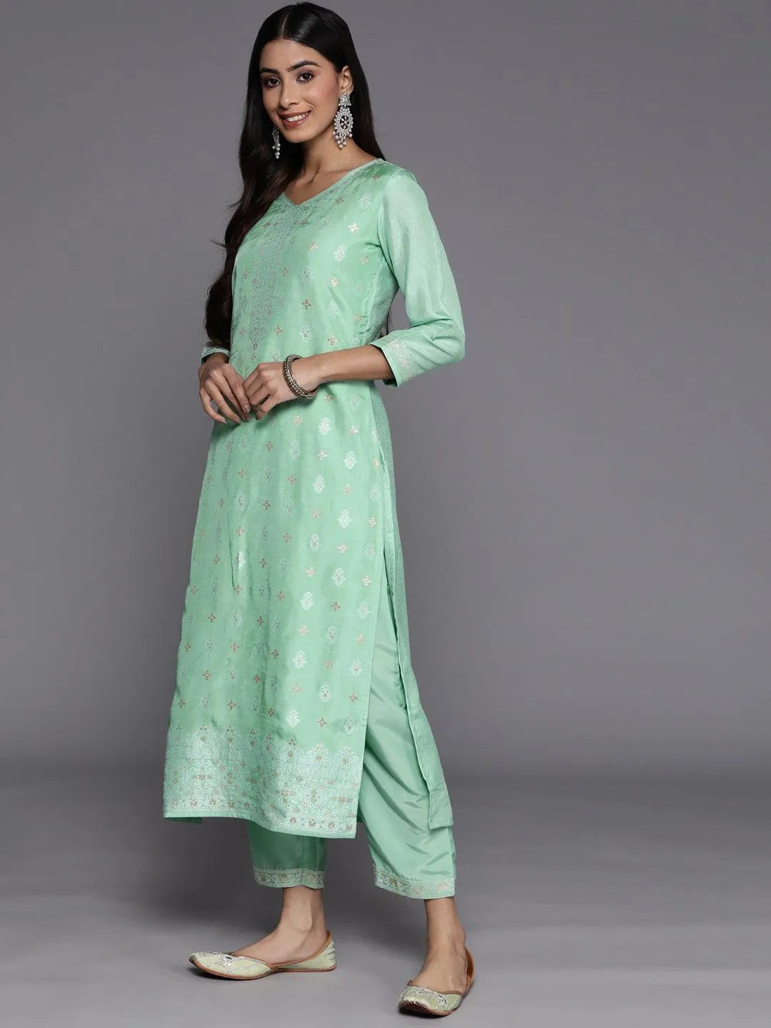 Green Self Design Silk Blend Suit Set With Trousers - Libas 