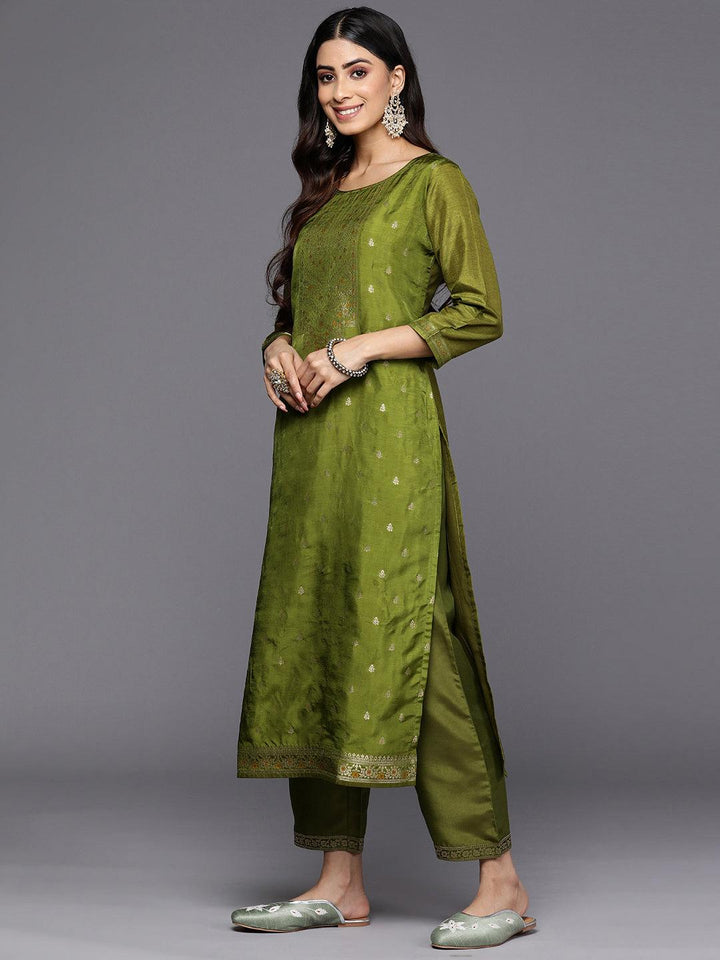 Green Self Design Silk Blend Straight Suit Set With Trousers - Libas