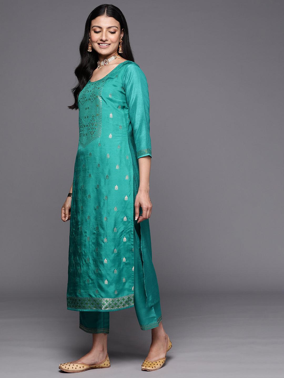 Green Self Design Silk Blend Straight Suit Set With Trousers - Libas 