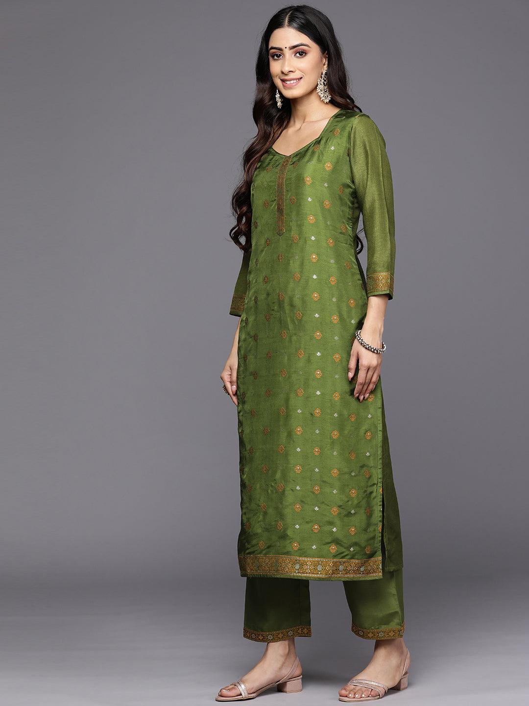 Green Self Design Silk Blend Straight Suit Set With Trousers - Libas