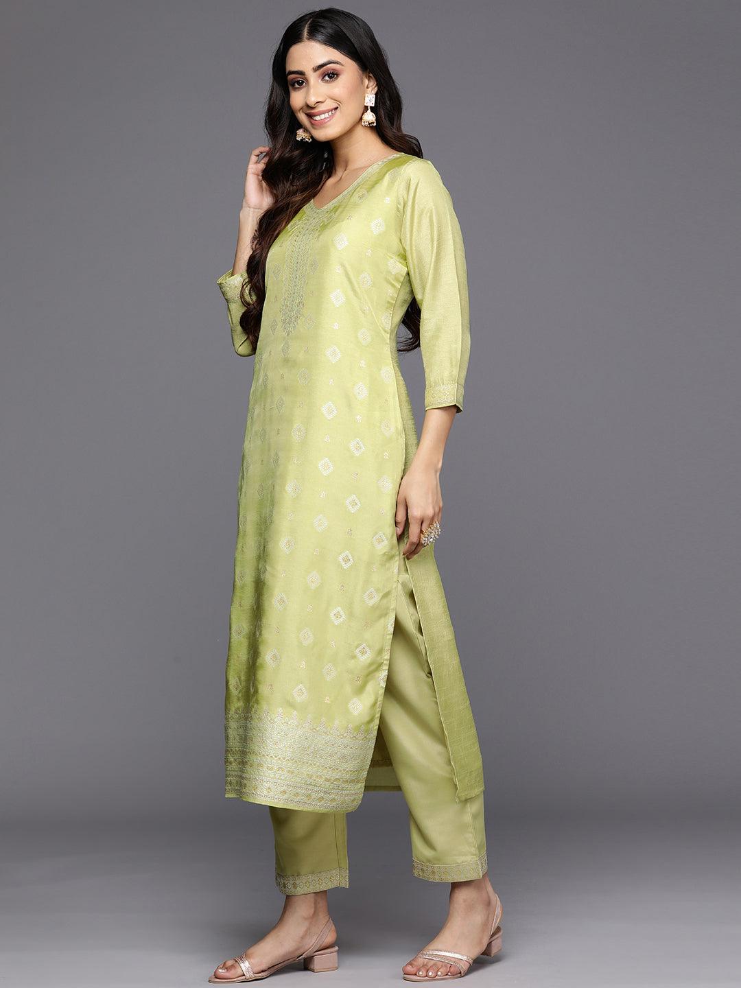 Green Self Design Silk Blend Straight Suit Set With Trousers - Libas 