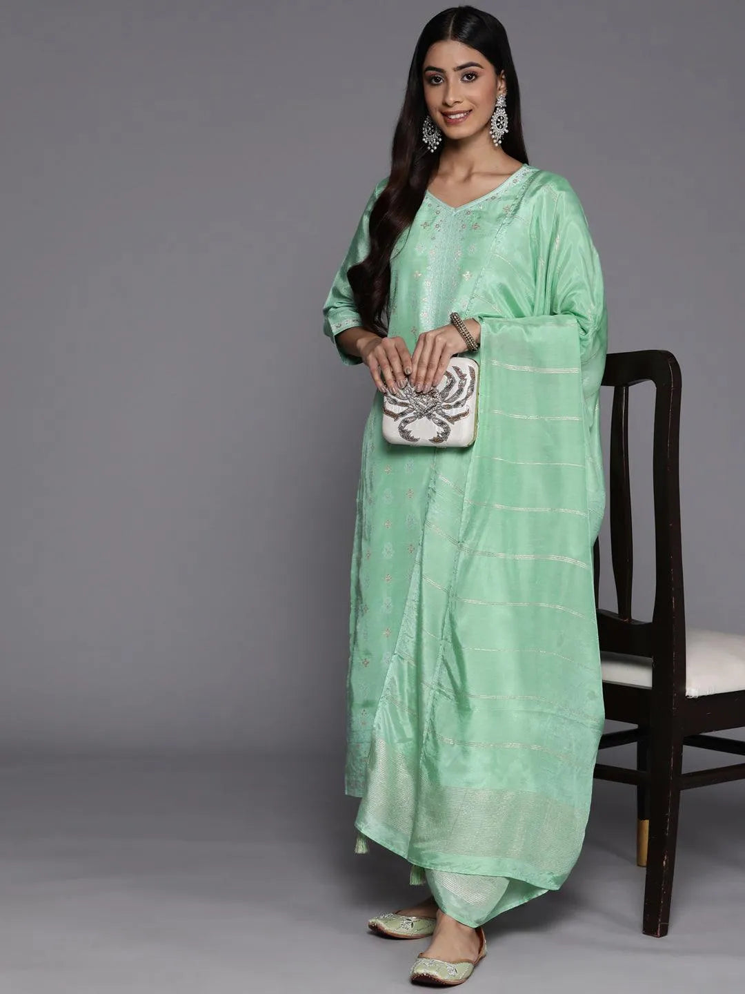 Green Self Design Silk Blend Suit Set With Trousers - Libas