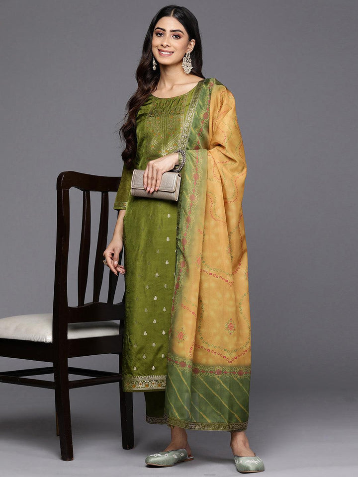 Green Self Design Silk Blend Straight Suit Set With Trousers - Libas