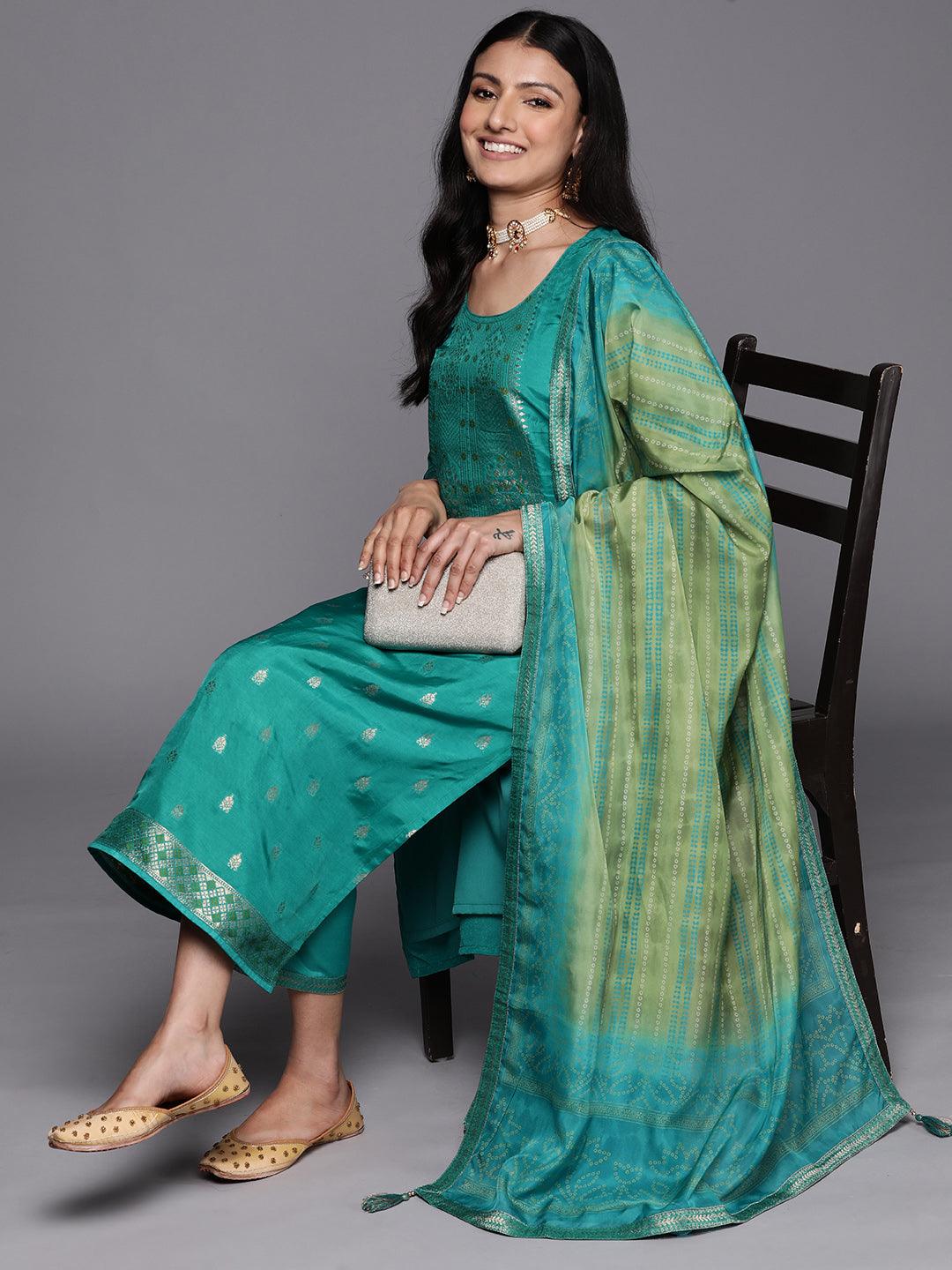 Green Self Design Silk Blend Straight Suit Set With Trousers - Libas 