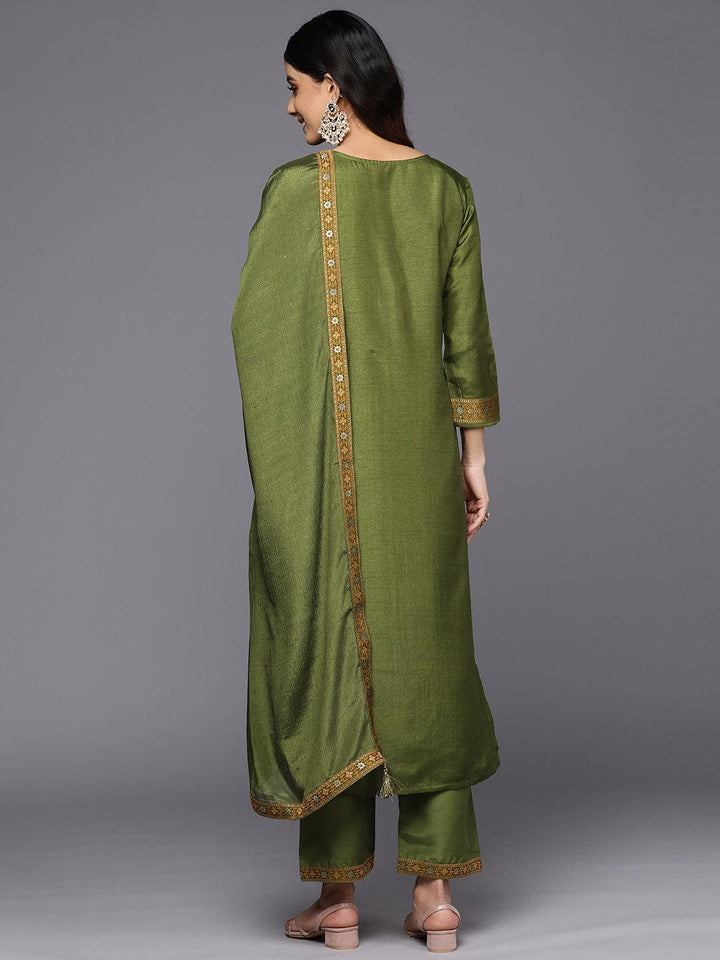 Green Self Design Silk Blend Straight Suit Set With Trousers - Libas