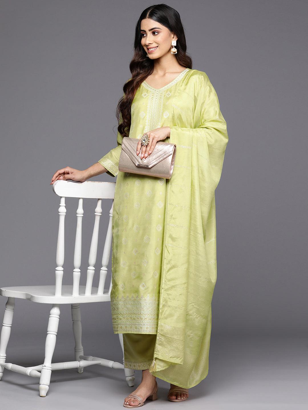 Green Self Design Silk Blend Straight Suit Set With Trousers - Libas 