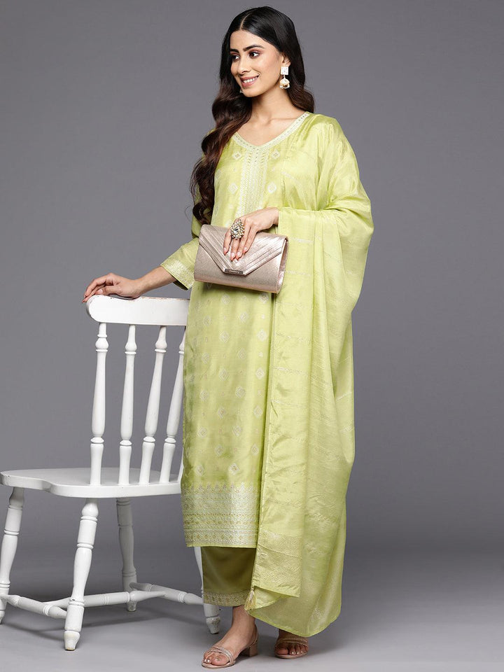 Green Self Design Silk Blend Straight Suit Set With Trousers - Libas