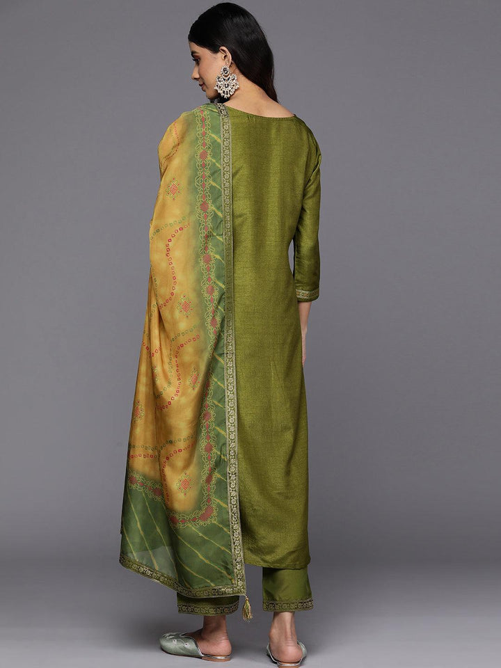 Green Self Design Silk Blend Straight Suit Set With Trousers - Libas