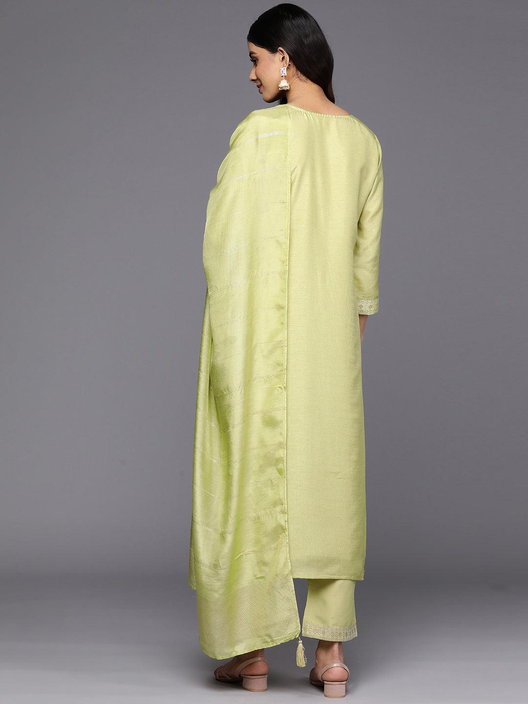 Green Self Design Silk Blend Straight Suit Set With Trousers - Libas 