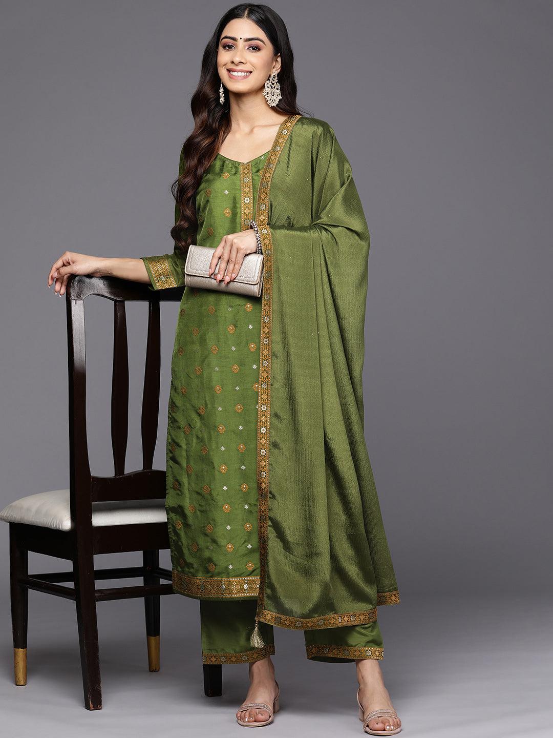 Green Self Design Silk Blend Straight Suit Set With Trousers - Libas