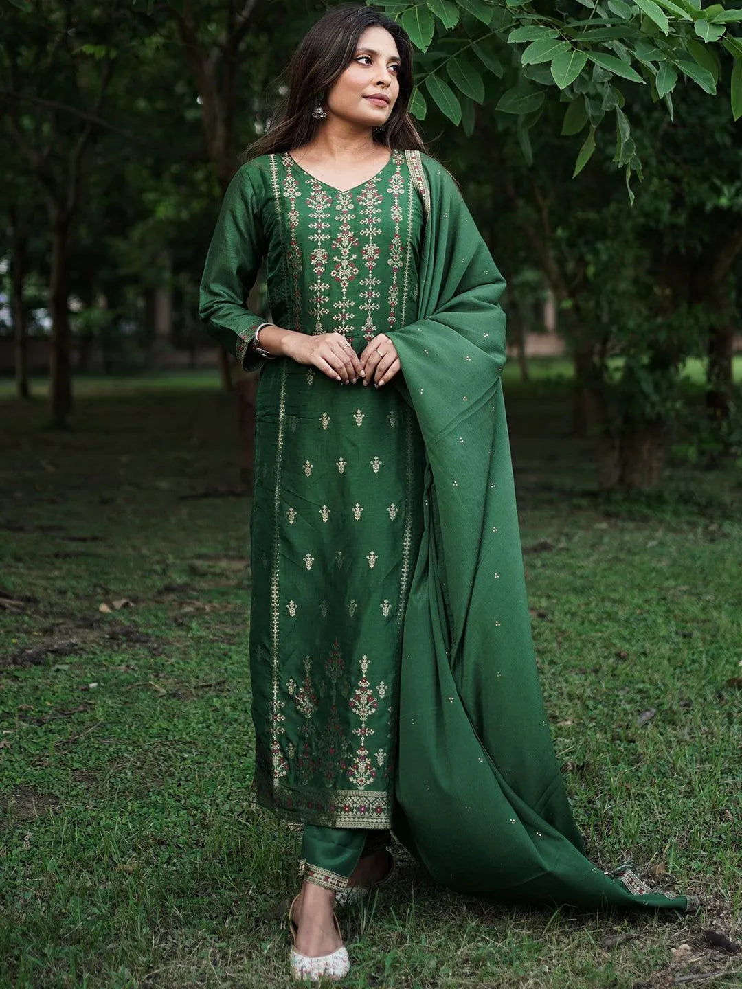 Green Self Design Silk Suit Set - Libas 