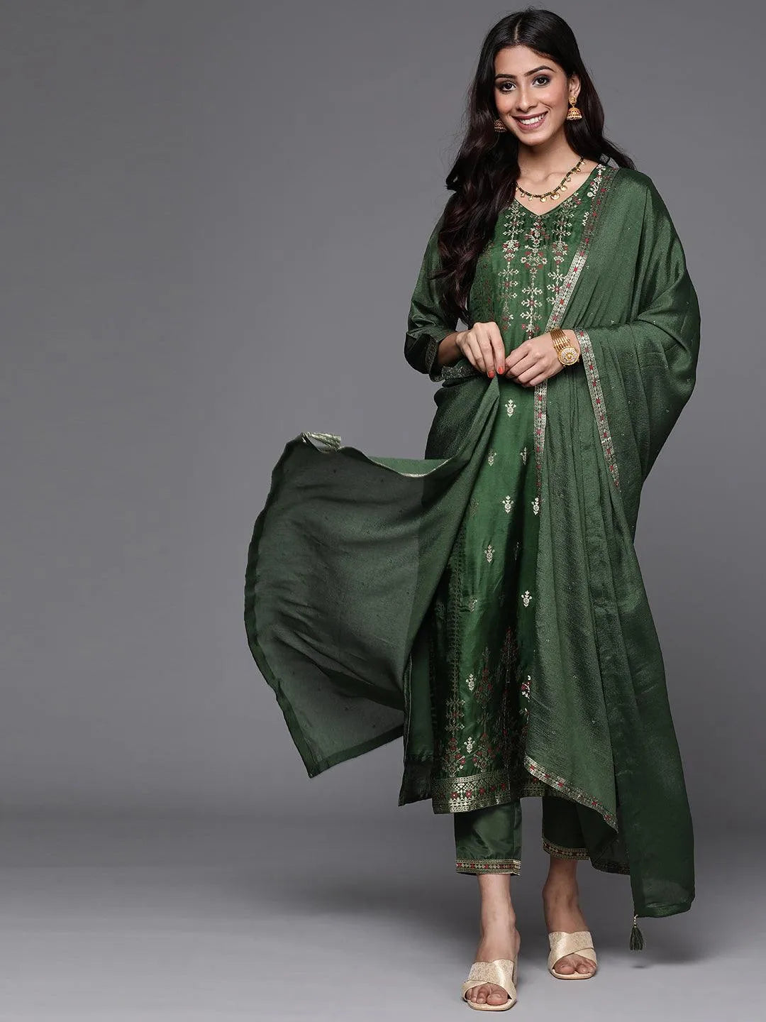 Green Self Design Silk Suit Set - Libas 