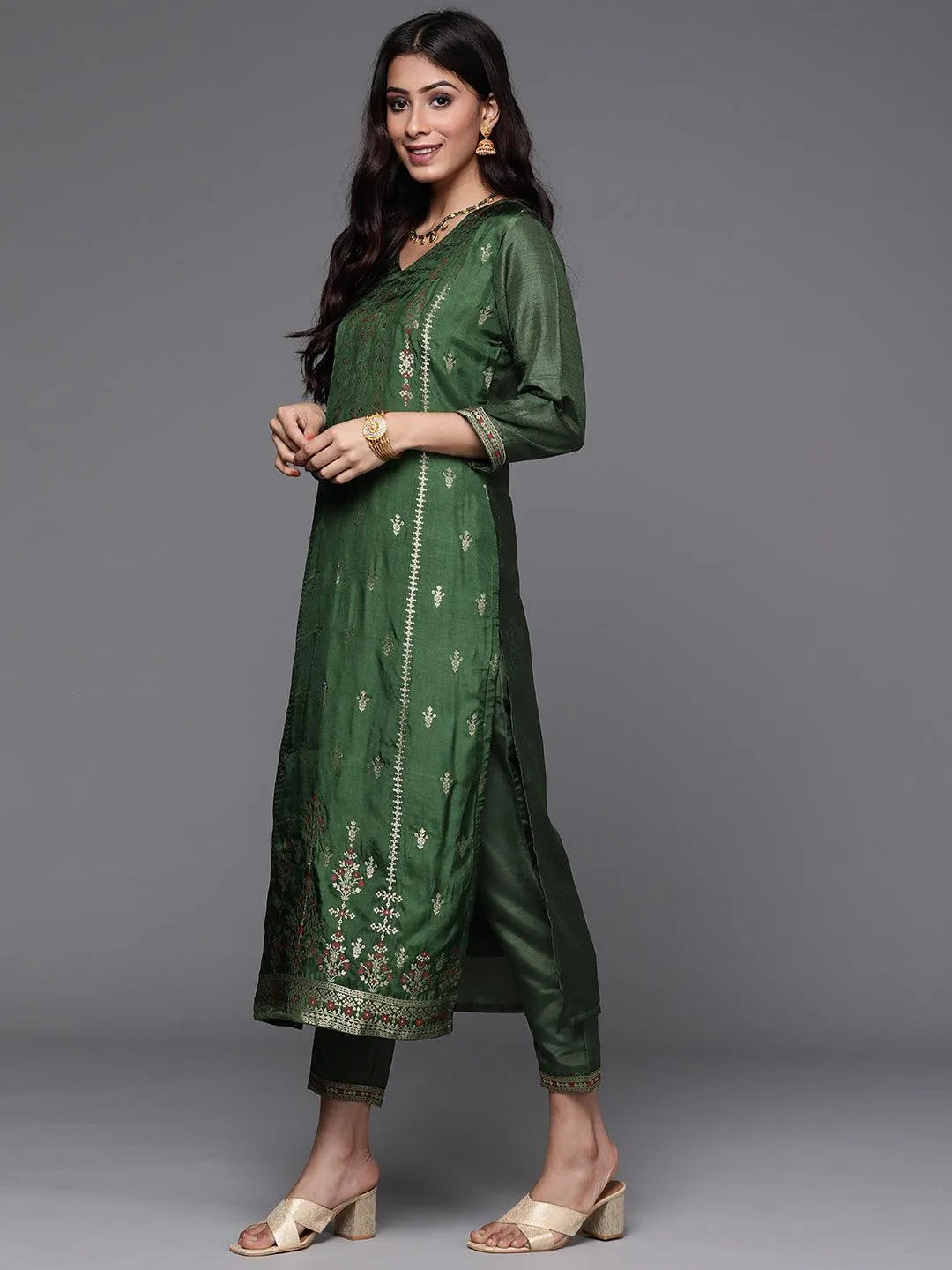 Green Self Design Silk Suit Set - Libas 