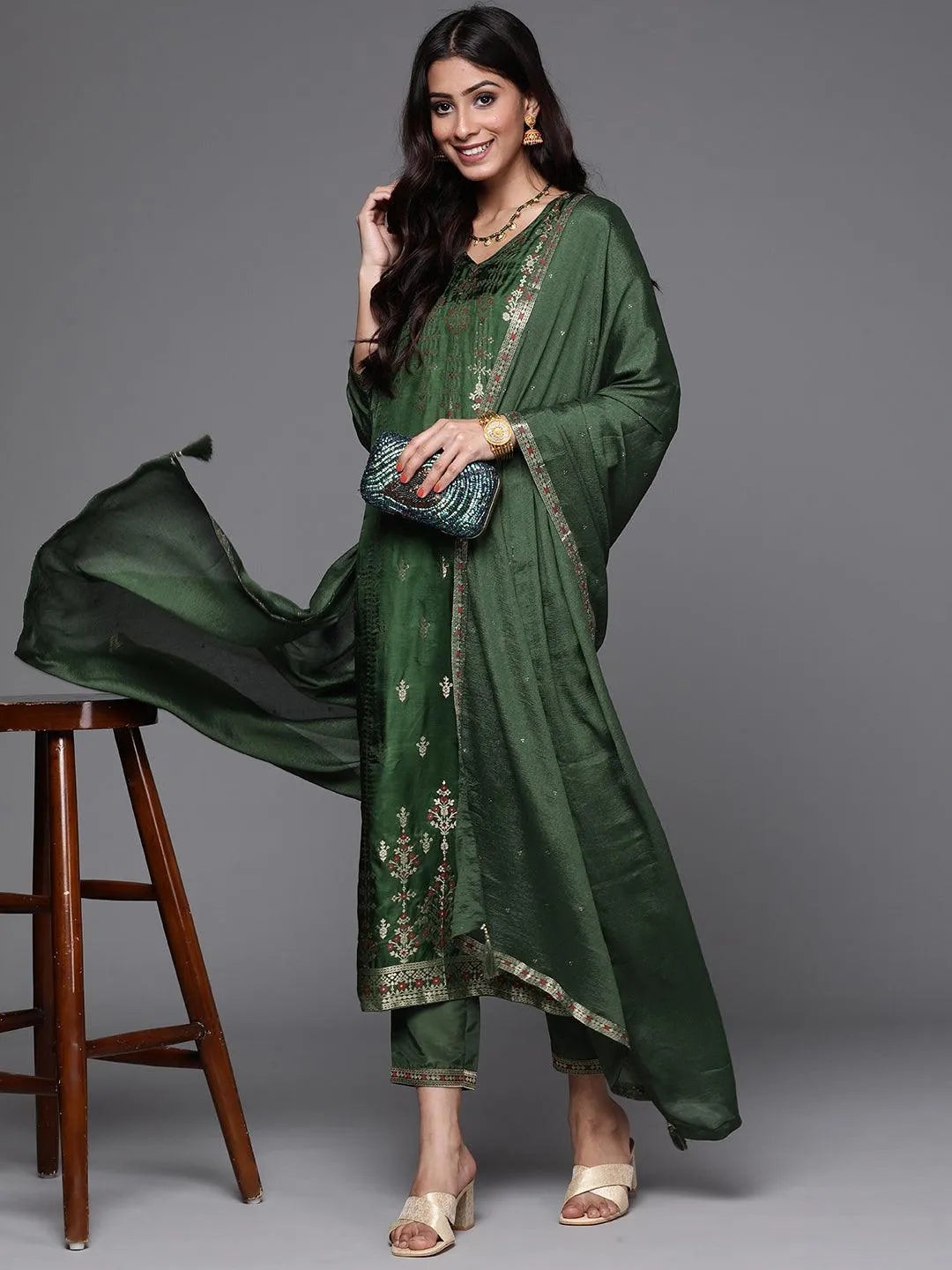 Green Self Design Silk Suit Set - Libas 