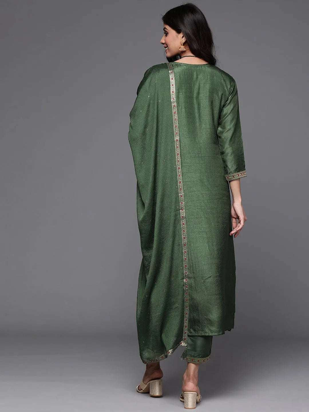 Green Self Design Silk Suit Set - Libas 