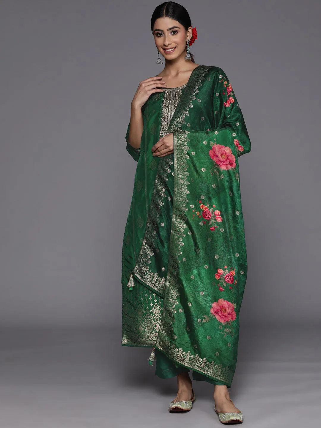 

Green Self Design Silk Straight Kurta With Trousers & Dupatta