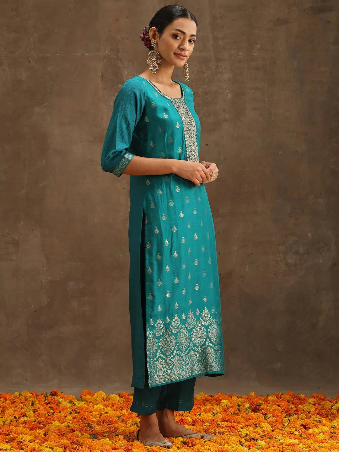 Green Self Design Silk Suit Set With Trousers - Libas 