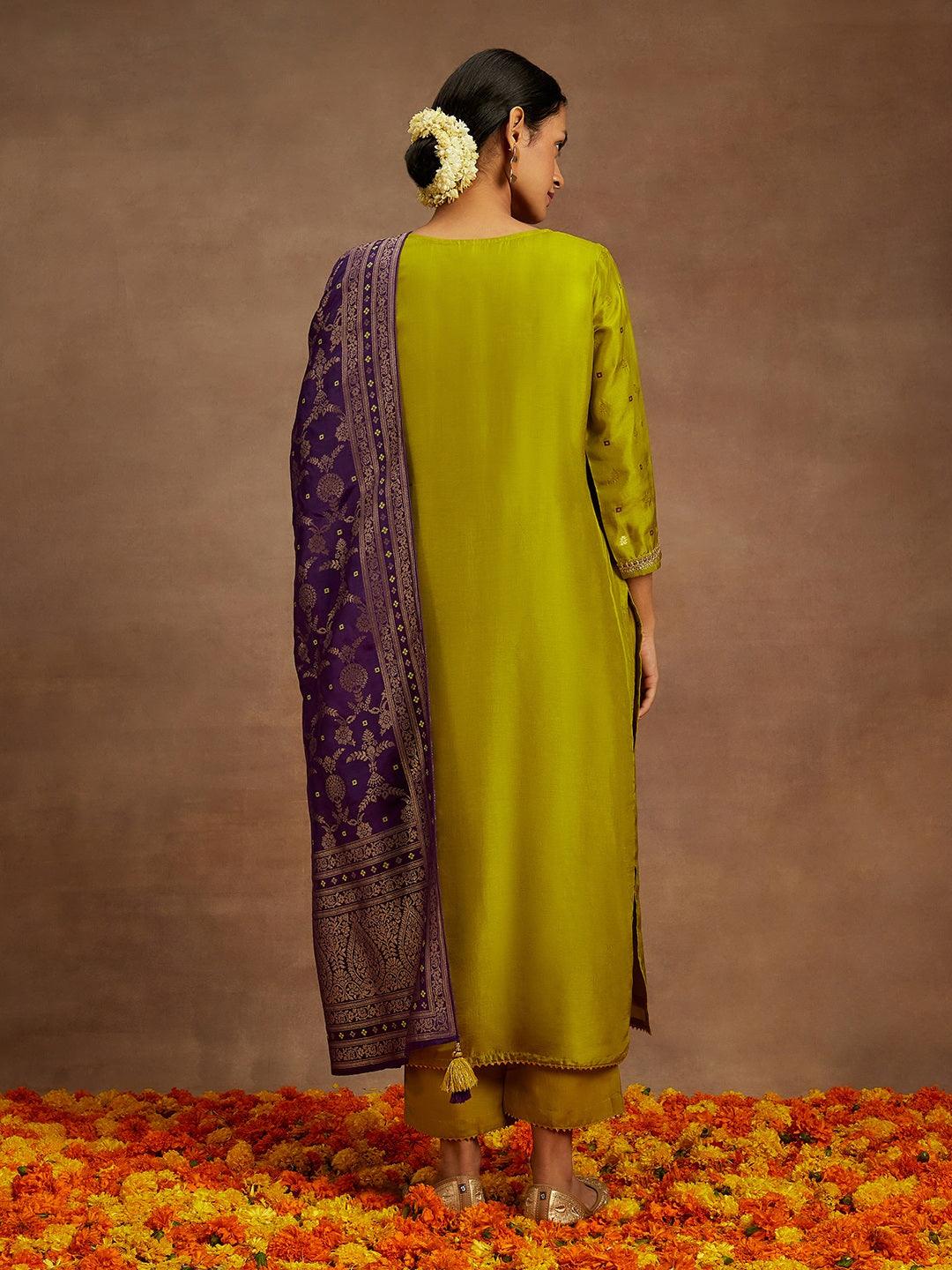 Green Self Design Silk Straight Kurta With Trousers & Dupatta - Libas 