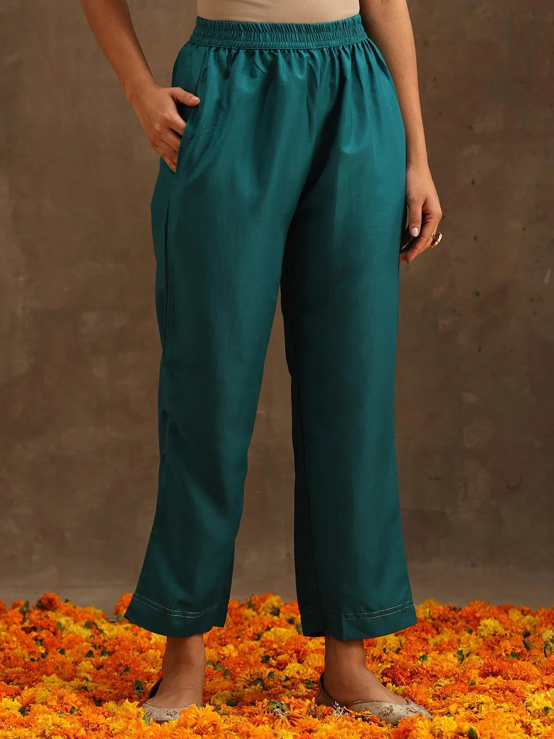 Green Self Design Silk Suit Set With Trousers - Libas 