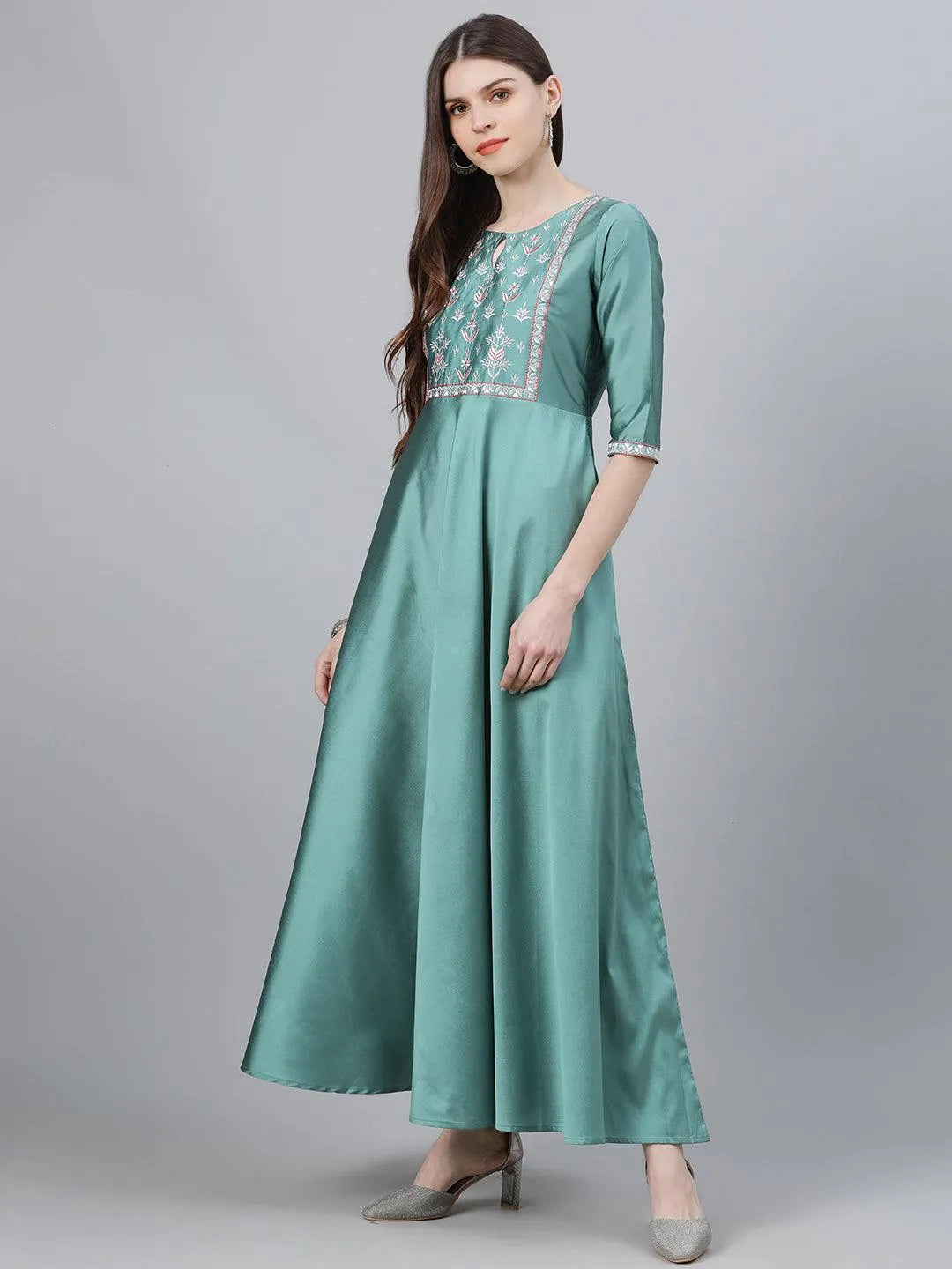 Green Solid Chanderi Dress With Dupatta - Libas