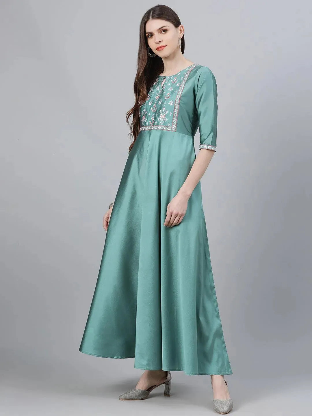 

Buy Green Solid Chanderi Dress With Dupatta - 8841- | Libas Ethnic Wear Online