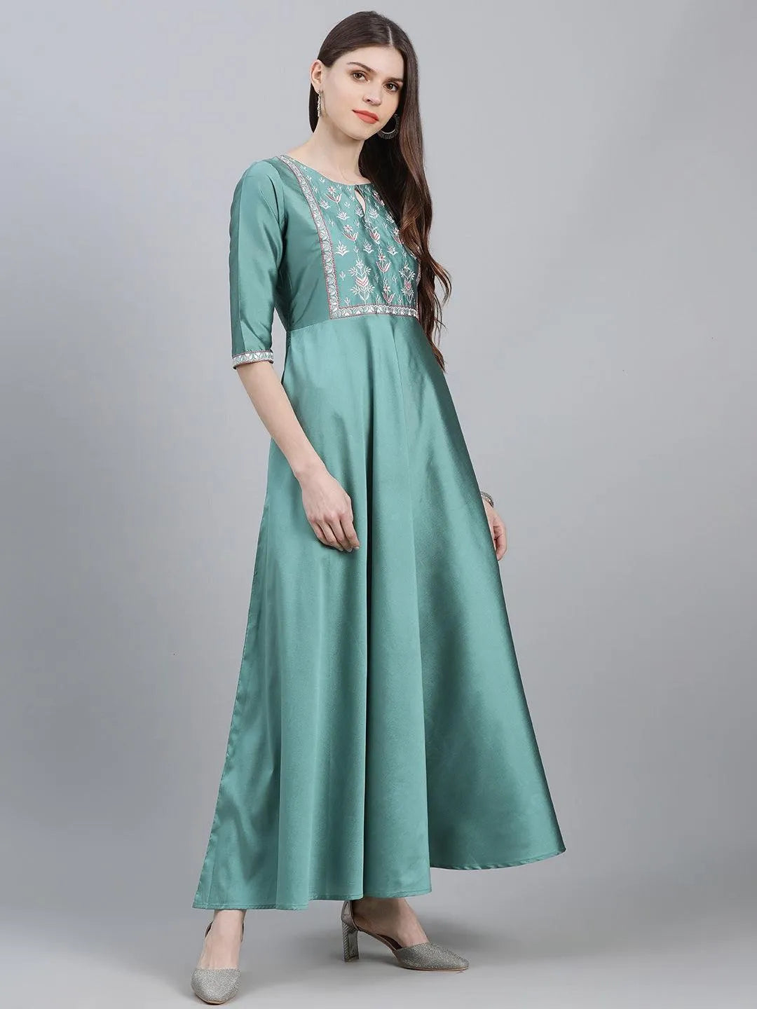 Green Solid Chanderi Dress With Dupatta - Libas