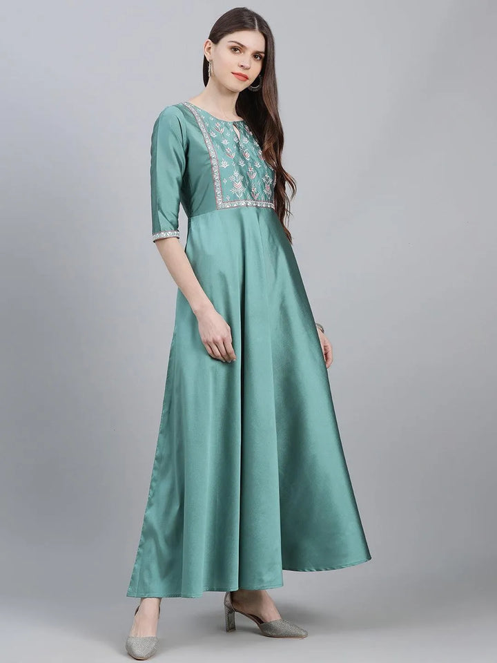 Green Solid Chanderi Dress With Dupatta - Libas