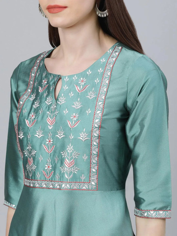 Green Solid Chanderi Dress With Dupatta - Libas